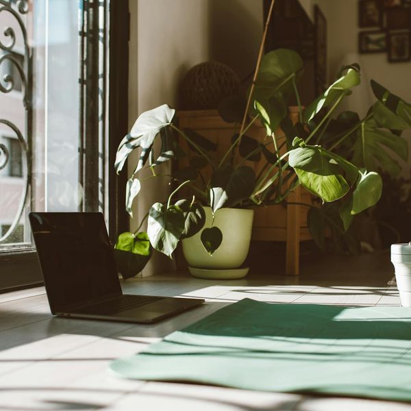A collection of wellness items like a yoga mat, a plant, and a cup of tea.
